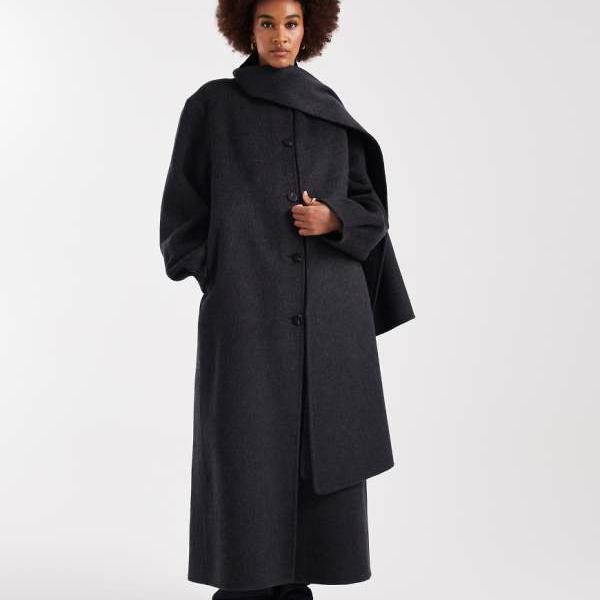 エイソス ASOS asos ASOS DESIGN 取りはらい能力のあるなえり巻き付き添い人、濃灰色色つやの飛び切りウールリッチロングラインコート レディース 成人女性 インポートブランド