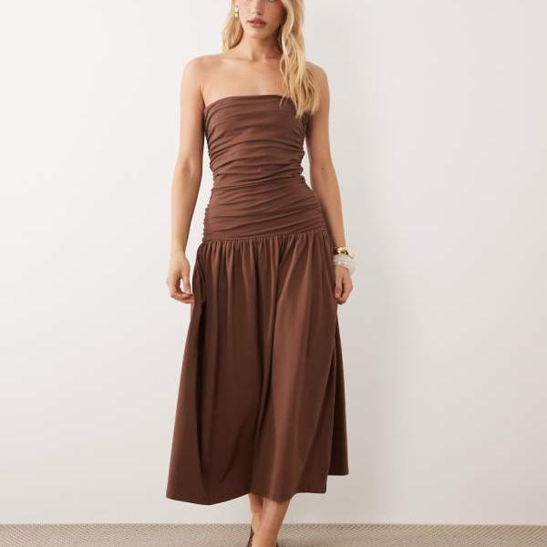 エイソス ASOS asos ASOS DESIGN ギャザー入り口・入口バンドゥと落っこちる酉の方角のマキシ御召しもの（黒茶色つや） 衣装 レディース 成人女性 インポートブランド 弱められた大きさから馬鹿でかい大きさまで