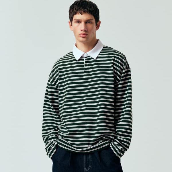 エイソス ASOS asos ASOS DESIGN ヘビーウェイト オーバーサイズ ロングスリーブ ポロシャツ（テクスチャードグリーンストライプ） トップス メンズ 男性 インポートブランド 小さいサイズから大きいサイズまで