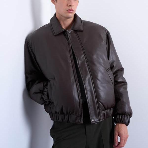 トップマン Topman TOPMAN トップマン フェイクレザー パファージャケット（チョコレート） アウター メンズ 男性 インポートブランド 小さいサイズから大きいサイズまで