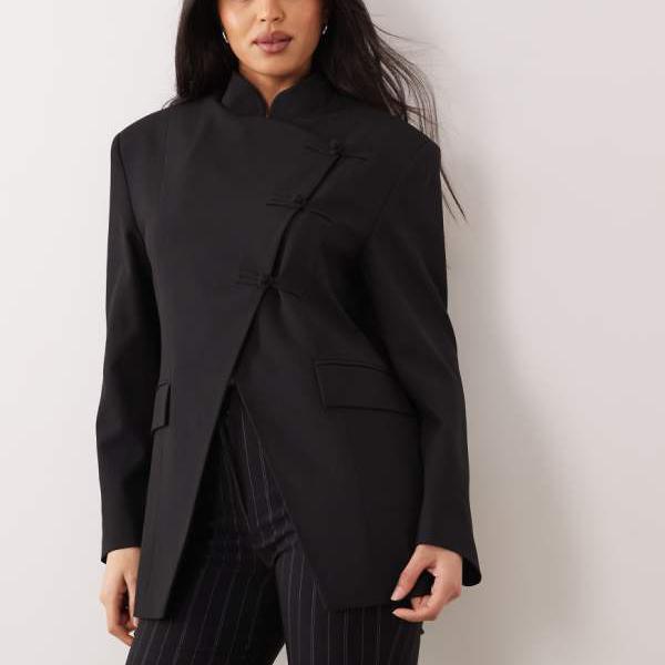 エイソス ASOS asos ASOS DESIGN ファンネルネックラップブレザー（マンダリンボタン付き、ブラック） アウター レディース 女性 インポートブランド 小さいサイズから大きいサイズまで
