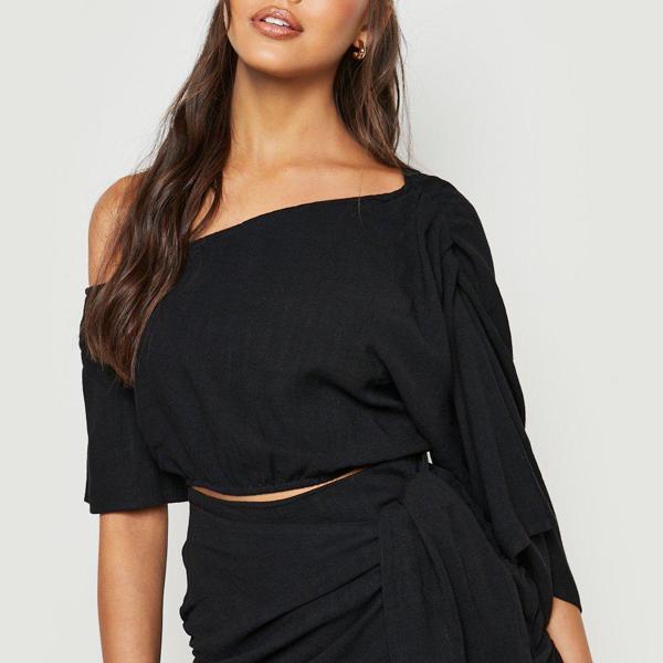 boohoo(ブーフー)BOOHOO ブラック リネン ルック ワン ショルダー クロップ トップス レディース 女性 インポートブランド 小さいサイズから大きいサイズまで 20代 30代 40代 プレゼント 誕生日