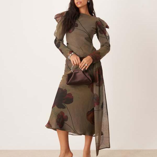 エイソス ASOS asos ASOS DESIGN ドレープショルダー マキシドレス（グレー、花柄） ワンピース レディース 女性 インポートブランド 小さいサイズから大きいサイズまで