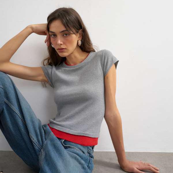 トップショップ Topshop TOPSHOP トップショップのニット二重構造Tシャツ(赤とグレー) トップス レディース 女性 インポートブランド 小さいサイズから大きいサイズまで|セレクトショップ Diva Closet