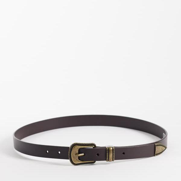 エイソス ASOS asos ASOS DESIGN レザー スキニーベルト（テクスチャードエッジ、アンティークゴールドバックル、ブラウン） ベルト メンズ 男性 インポートブランド