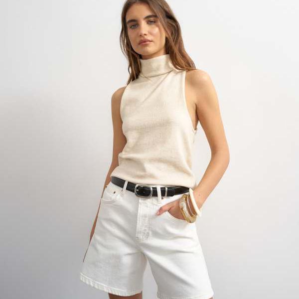 とっ始め販売店 Topshop TOPSHOP とっ始め販売店のニットハイファンネルネックノースリーブツイストバックトップ（ラテカラー） トップス レディース 亭主もち インポートブランド ごく小さい大きさから大層らしい大きさまで