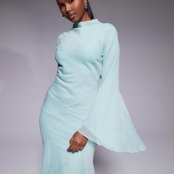 エイソス ASOS asos ASOS DESIGN 長袖ハイネックマキシドレス、フリルゴデットとフレアスリーブ、ティールカラー トップス レディース 女性 インポートブランド 小さいサイズから大きいサイズまで