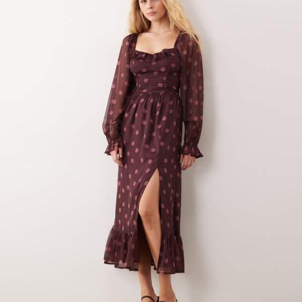 ミスセルフリッジ Miss Selfridge  ミス・セルフリッジのワインカラーのドット柄コルセットマキシドレス ワンピース レディース 女性 インポートブランド 小さいサイズから大きいサイズまで