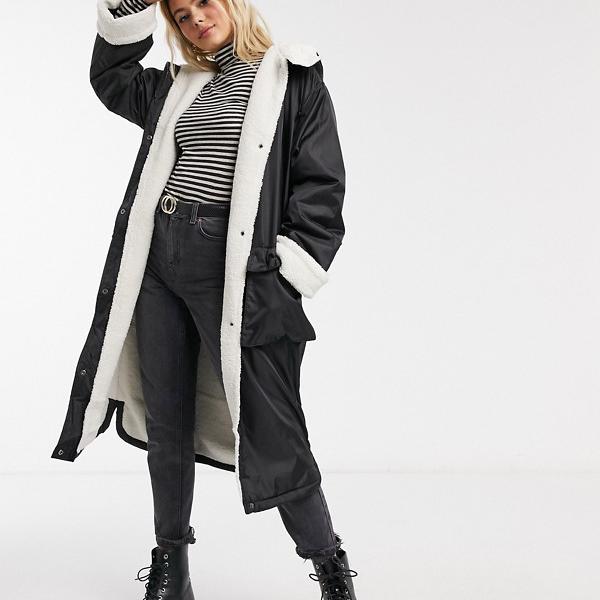 エイソス Asos Asos Asosdesignボルグ裏地マキシレインコートブラック アウター レディース 女性 インポートブランド 小さいサイズから 大きいサイズまで Stalliontimes Com