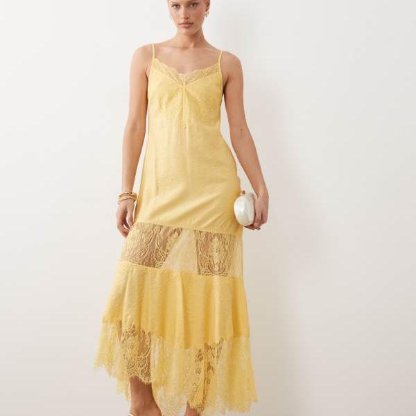 エイソス ASOS asos ASOS DESIGN レースインサート ハンキーヘム マキシドレス（オーカー） ワンピース レディース 女性 インポートブランド 小さいサイズから大きいサイズまで