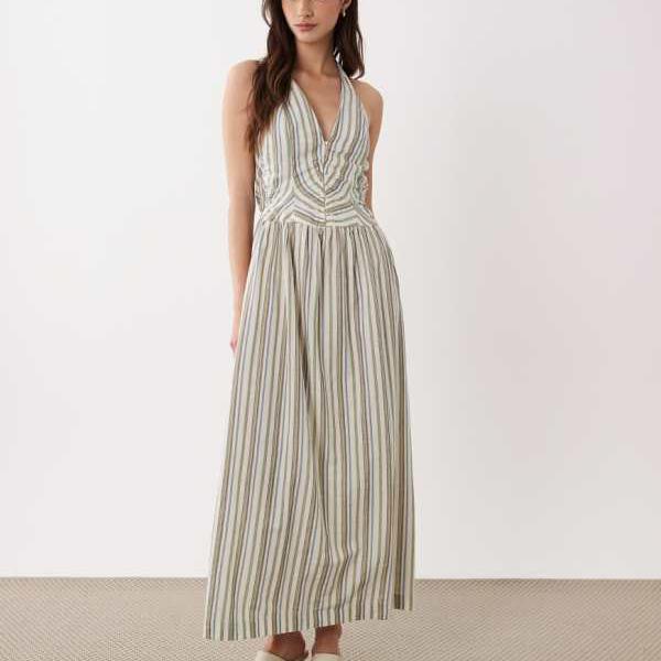 エイソス ASOS asos ASOS DESIGN ホルターネック マキシドレス コルセット風ボディス ストライプ柄 ワンピース レディース 女性 インポートブランド 小さいサイズから大きいサイズまで