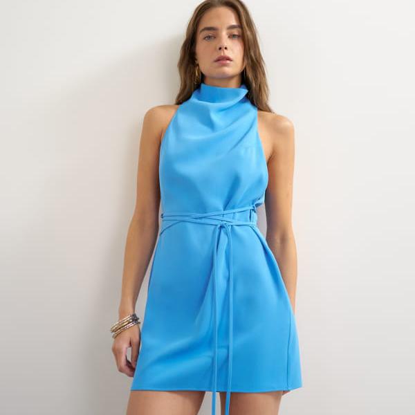 トップショップ Topshop TOPSHOP トップショップのヘビークレープ素材のハイネックミニドレス（ウエストタイ付き、コーンフラワーブルー） ワンピース レディース 女性 インポートブランド 小さいサイズから大きいサイズまで｜セレクトショップ　Diva　Closet