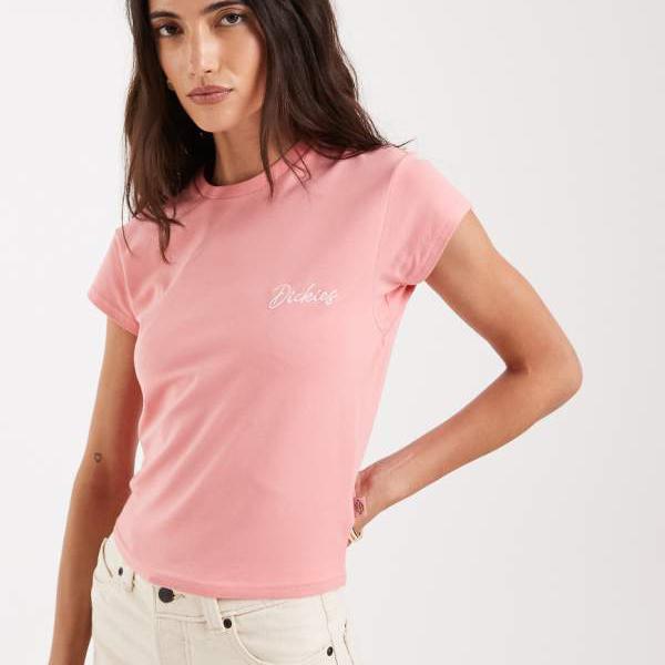 ディッキーズ Dickies ディッキーズのキャップスリーブベビーティーシャツ（サクラ色） トップス レディース 亭主もち インポートブランド 弱められた大いさから途轍も無い大いさまで レディースファッション-トップス