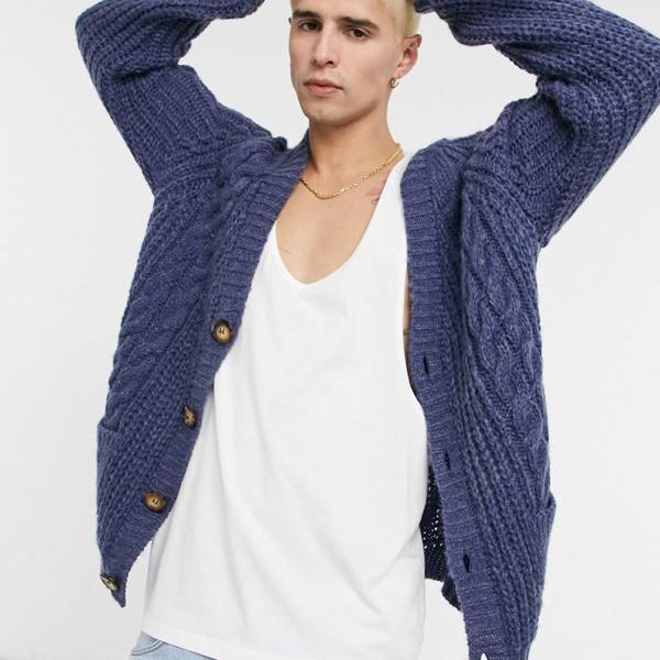 肌触りがいい エイソス Asos Asos Asosdesignケーブルニットボタンカーディガンデニムブルー トップス メンズ 男性 インポートブランド 小さいサイズから大きいサイズまで 保証書付 Www Clanpulsar Com