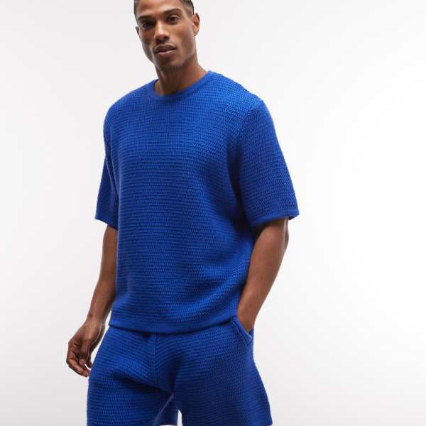エイソス ASOS asos ASOS DESIGN 伸び伸びする填まる 編み物 セットアップ テクスチャードプルオーバー 青色 - MBLUE トップス メンズ 成人男性 インポートブランド たわい無い大きさから気が大きい大きさまで
