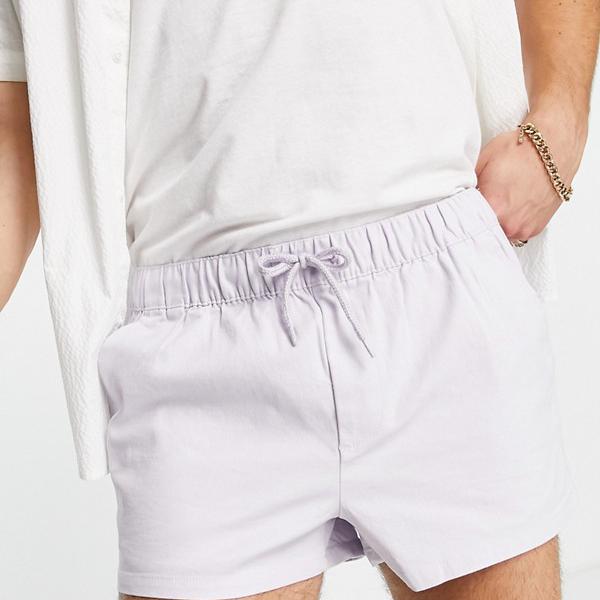 エイソス ASOS asos ASOS DESIGNスリムチノショートパンツ、ウエストは伸縮性があり、ライラックです。 パンツ ボトム メンズ 男性 インポートブランド 小さいサイズから大きいサイズまで
