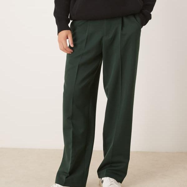 エイソス ASOS asos ASOS DESIGN スマートプリーツワイドレッグパンツ（ダークグリーン） パンツ ボトム メンズ 男性 インポートブランド 小さいサイズから大きいサイズまで