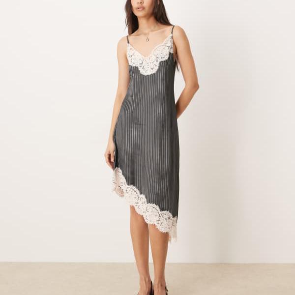 エイソス ASOS asos ASOS DESIGN レースボディスキャミ アシンメトリーサテンミニドレス（グレーピンストライプ） 衣装 レディース 成人女性 インポートブランド 弱められた大きさから馬鹿でかい大きさまで