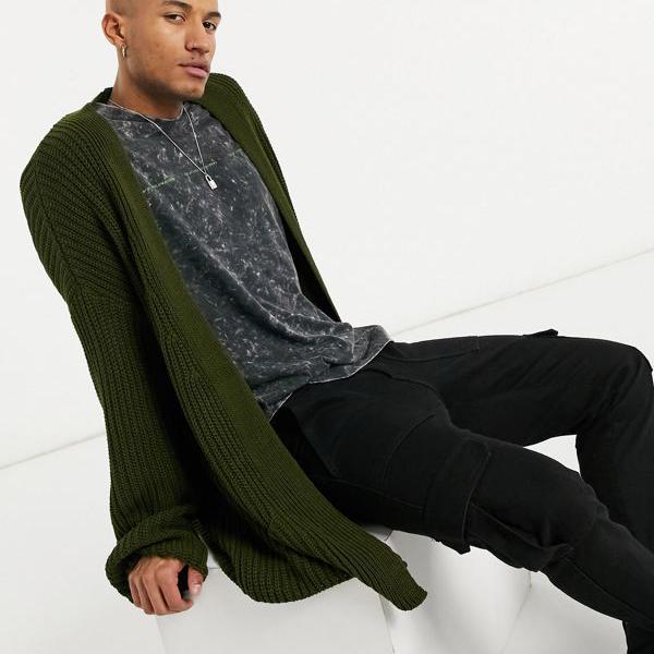 格安saleスタート カーディガン エイソス 小さいサイズから大きいサイズまで インポートブランド 男性 メンズ トップス Asosdesignカーキの特大ニットリブカーディガン Asos Asos Grupocipsa Com