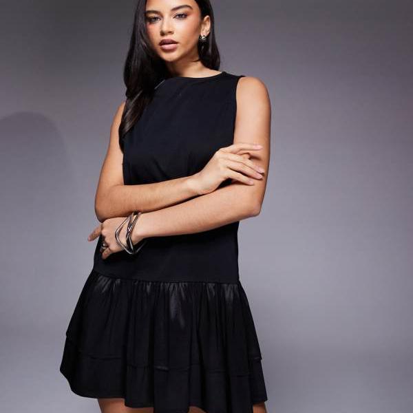 エイソス ASOS asos ASOS DESIGN オーバーサイズ スラッシュネック ミニドレス（タフタ ダブルレイヤー ドロップヘムディテール、ブラック） ワンピース レディース 女性 インポートブランド 小さいサイズから大きいサイズまで