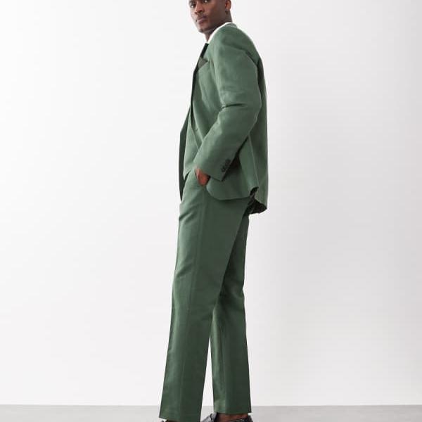 エイソス ASOS asos ASOS DESIGN スリムスーツパンツ リネンリッチ ダークグリーンツイル パンツ ボトム メンズ 男性 インポートブランド 小さいサイズから大きいサイズまで