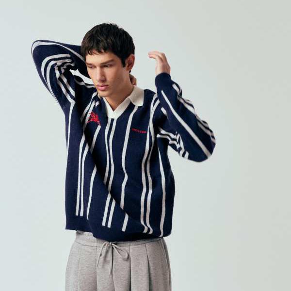 エイソス ASOS asos ASOS DESIGN リラックスフィットのニットストライプノッチネックポロシャツ（胸元刺繍入り、ネイビー） トップス メンズ 男性 インポートブランド 小さいサイズから大きいサイズまで｜セレクトショップ　Diva　Closet