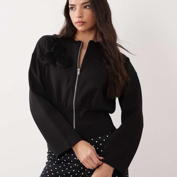エイソス ASOS asos ASOS DESIGN インター鍵を掛ける 胸花 科目 ジップスルー トレーナー 黒いこと トップス レディース お上さん インポートブランド たわい無い大きさから気が大きい大きさまで