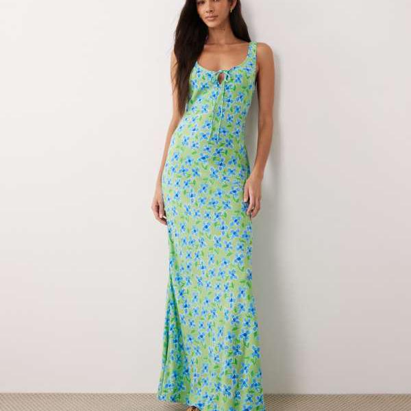 エイソス ASOS asos ASOS DESIGN スクープネック タイフロント ミディドレス グリーン花柄プリント ワンピース レディース 女性 インポートブランド 小さいサイズから大きいサイズまで
