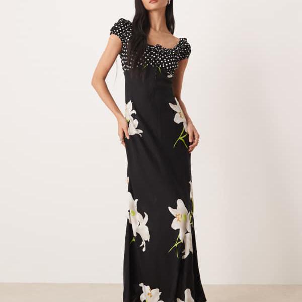 エイソス ASOS asos ASOS DESIGN スクープネック マキシドレス、フリルとタイのディテール、水玉模様と花柄のミックスプリント ワンピース レディース 女性 インポートブランド 小さいサイズから大きいサイズまで