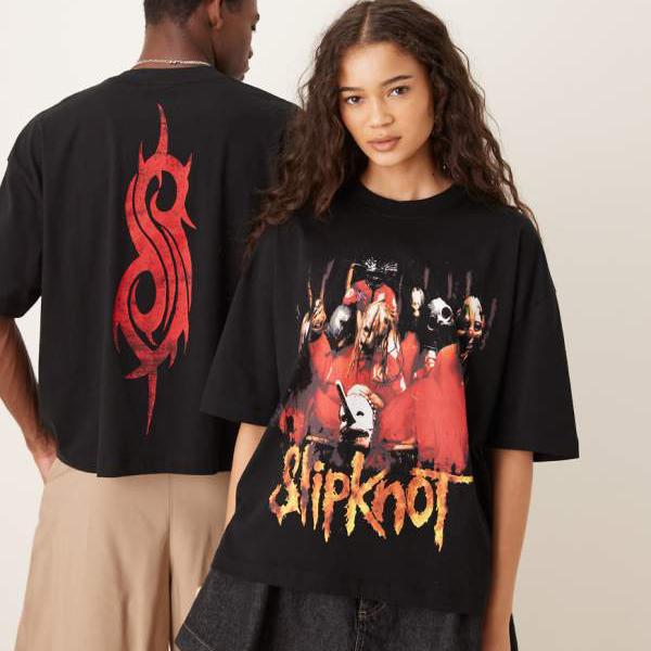 エイソス ASOS asos ASOS DESIGN ユニセックス ボックス型オーバーサイズライセンスTシャツ（スリップノットプリント、ブラック） トップス レディース 女性 インポートブランド 小さいサイズから大きいサイズまで