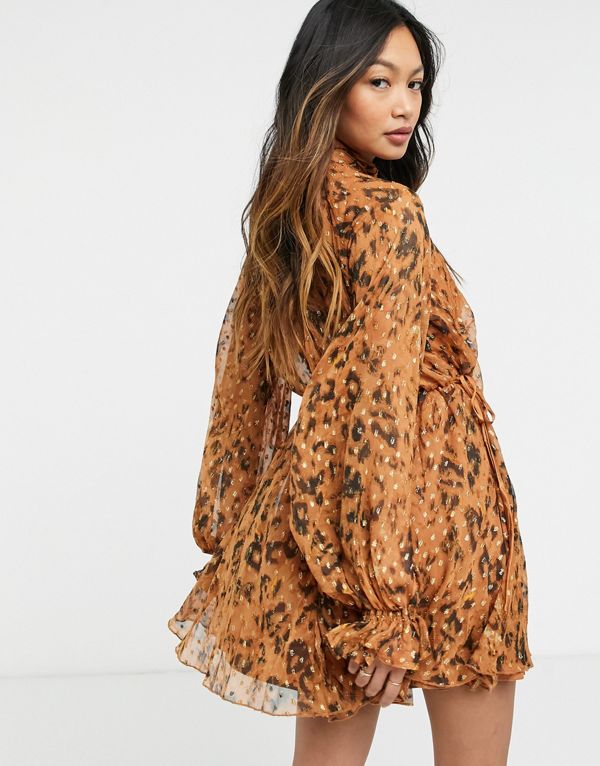 新品入荷 Asos Asos エイソス Asos 小さいサイズから大きいサイズまで インポートブランド 女性 レディース ワンピース Designハイネックヒョウ柄ミニドレス ジャッカウドシフォン ネクタイディテール As