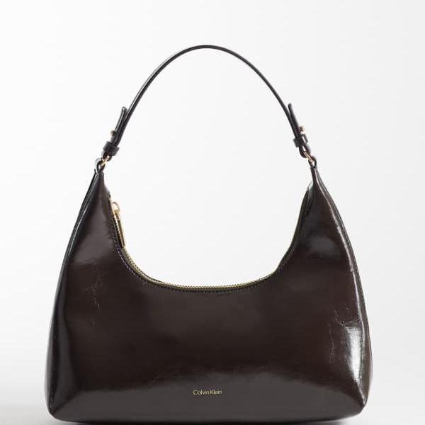 カルバンクライン Calvin Klein カルバン・クラインの箔ロゴタイプ入り口・入口光輝ショルダーバッグ（黒茶赤銅色） 鞄 レディース 亭主もち インポートブランド