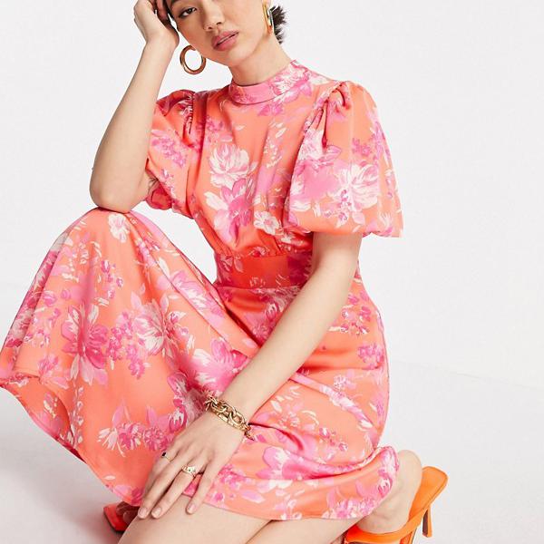 Moda ヴェロモーダ レディース レディース 京都のセレクトショップdivacloset Vero ワンピース インポートブランド Vero Diva コーラルフローラルのパフスリーブ付きベロモーダサテンハイネックミディドレス ワンピース 女性 小さいサイズから大きいサイズまで セレクト