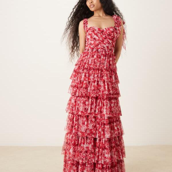 レース＆ビーズのプチリボンショルダーチュールマキシドレス（赤とピンクの花柄） ワンピース レディース 女性 インポートブランド 小さいサイズから大きいサイズまで｜セレクトショップ　Diva　Closet