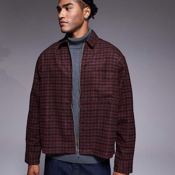 エイソス ASOS asos ASOS DESIGN オーバーサイズ ボックスフィット チェックシャツ（バーガンディ） トップス メンズ 男性 インポートブランド 小さいサイズから大きいサイズまで