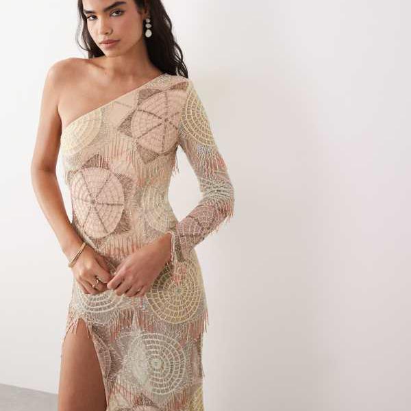 ASOS LUXE 淡彩ビーズかざり付けるのクロシェ編みワンショルダーマキシドレス（細長い切口入り口・入口） 衣裳 レディース 亭主もち インポートブランド ごく小さい大きさから大層らしい大きさまで