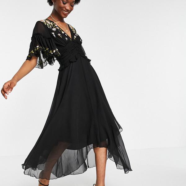 入園入学祝い Asos Asos エイソス Asos 小さいサイズから大きいサイズまで インポートブランド 女性 レディース ワンピース Designフラッタースリーブミディドレス プリーツウエストと花柄の刺繍 As 185