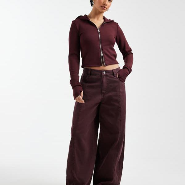エイソス ASOS asos ASOS DESIGN ウォッシュ加工のプチバレルパンツ（プラム） パンツ ボトム レディース 女性 インポートブランド 小さいサイズから大きいサイズまで