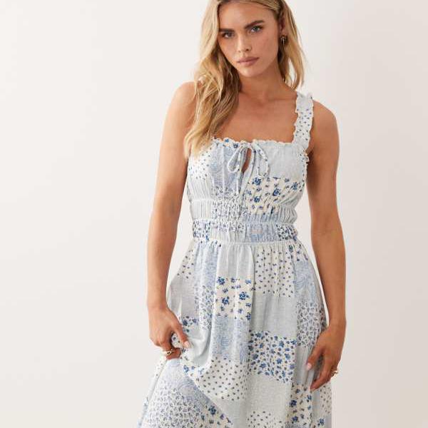 ミスセルフリッジ Miss Selfridge  ミス・セルフリッジ・プチサイズ シアサッカー原材料、シャーリング科目、えり巻き刷り上げるのマキシ御召しもの 衣装 レディース 成人女性 インポートブランド 弱められた大きさから馬鹿でかい大きさまで