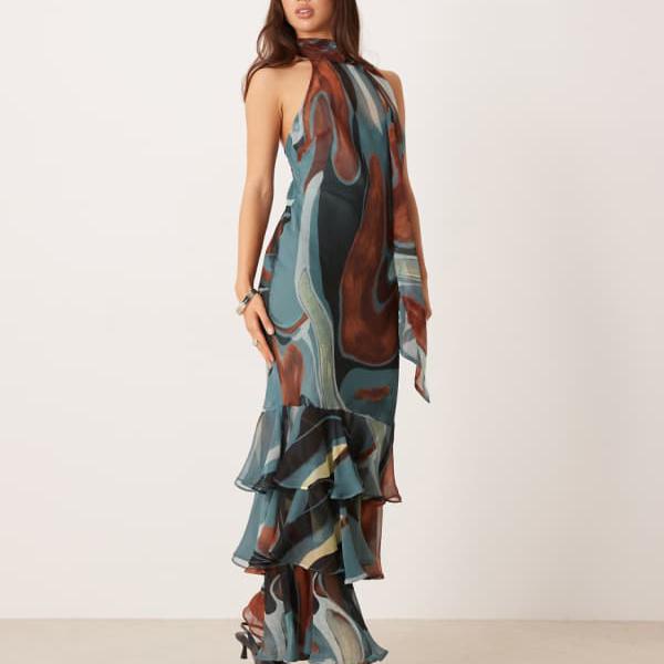 エイソス ASOS asos ASOS DESIGN シフォンホルターネックマキシドレス、スカーフディテール付き、ブルーの抽象柄 ワンピース レディース 女性 インポートブランド 小さいサイズから大きいサイズまで