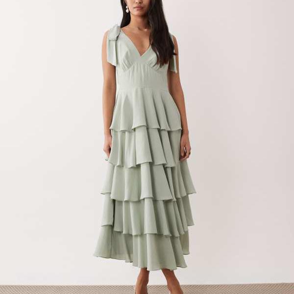 プリティーラビッシュ Pretty Lavish Pretty Lavish Florieのセージグリーンのタイショルダーフリルミディアムドレス ワンピース レディース 女性 インポートブランド 小さいサイズから大きいサイズまで