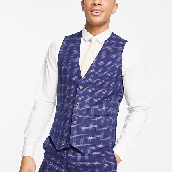 エイソス Asos Asos Asosdesignウェディングスキニースーツチョッキブルーとグレーの太字チェック ベスト メンズ 男性 インポートブランド 小さいサイズから大きいサイズまで Francophile Dk