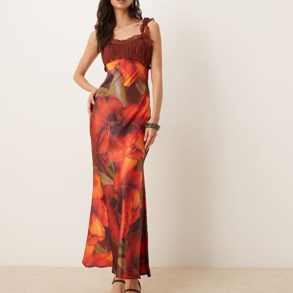 エイソス ASOS asos ASOS DESIGN キャップスリーブ シフォン ミディドレス（レッド フローラルプリント） ワンピース レディース 女性 インポートブランド 小さいサイズから大きいサイズまで
