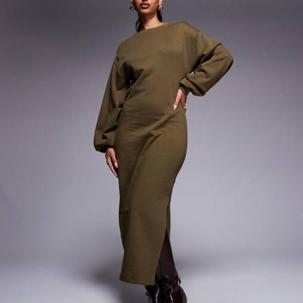 エイソス ASOS asos ASOS DESIGN コットン バルーンスリーブ ミディ スウェット ドレス（カーキ） ワンピース レディース 女性 インポートブランド 小さいサイズから大きいサイズまで