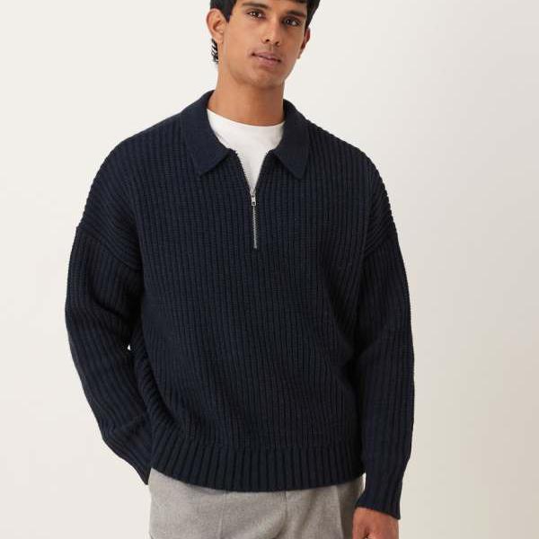エイソス ASOS asos ASOS DESIGN オーバーサイズ ボックスフィット ヘビーウェイト ニットウールブレンド クォータージップ ジャンパー（ネイビー） トップス メンズ 男性 インポートブランド 小さいサイズから大きいサイズまで
