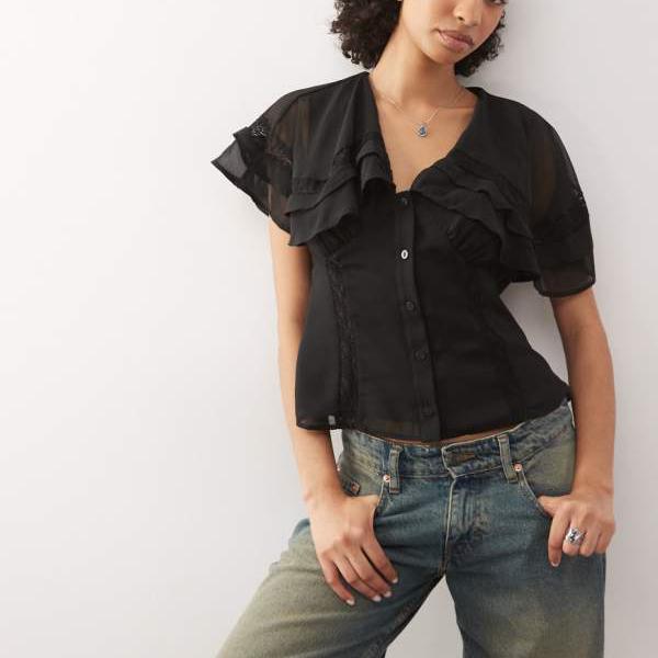 リクレイムドヴィンテージ Reclaimed Vintage ケープカラーのヴィンテージティートップ（黒） トップス レディース 女性 インポートブランド 小さいサイズから大きいサイズまで