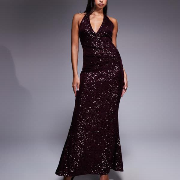 エイソス ASOS asos ASOS DESIGN 全面スパンコールプランジマキシドレス（バーガンディ） ワンピース レディース 女性 インポートブランド 小さいサイズから大きいサイズまで