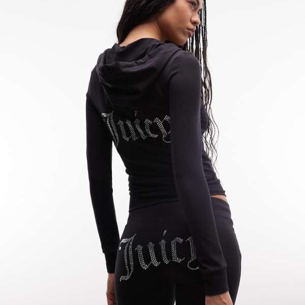 ジューシークチュール Juicy Couture ジューシー クチュール セットアップ ベロア ジップスルー ラインストーン アウトライン ロゴ フーディー ブラック トップス レディース 女性 インポートブランド 小さいサイズから大きいサイズまで