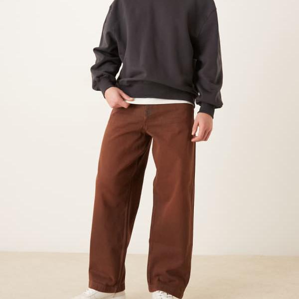 エイソス ASOS asos ASOS DESIGN ウォッシュドタバコブラウンのルーズストレートジーンズ パンツ ボトム メンズ 男性 インポートブランド 小さいサイズから大きいサイズまで