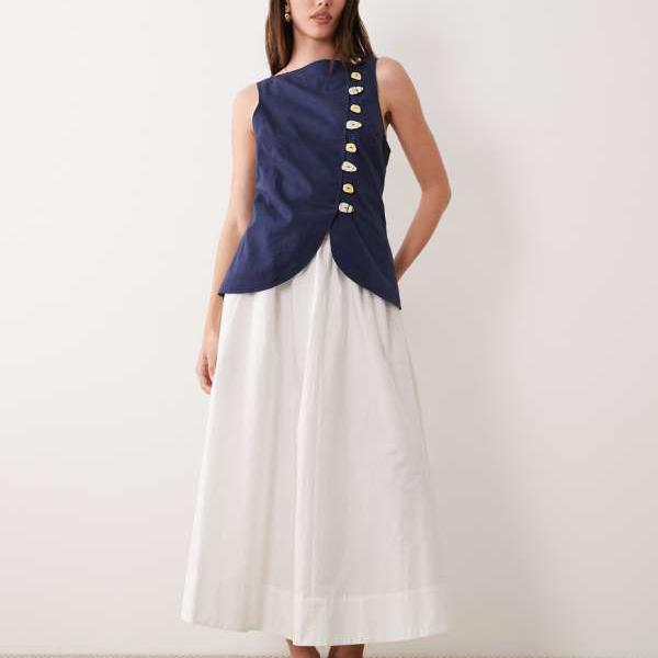 エイソス ASOS asos ASOS DESIGN リネン風ウエストコート マキシドレス、ポプリンスカート付き、ネイビー＆ホワイト ワンピース レディース 女性 インポートブランド 小さいサイズから大きいサイズまで